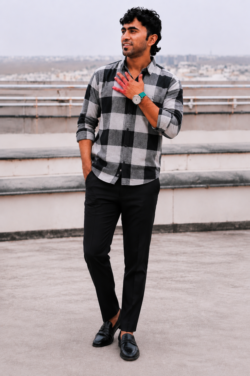 Men's Navy Blue Big Box Checked Full Sleeve Casual Shirt