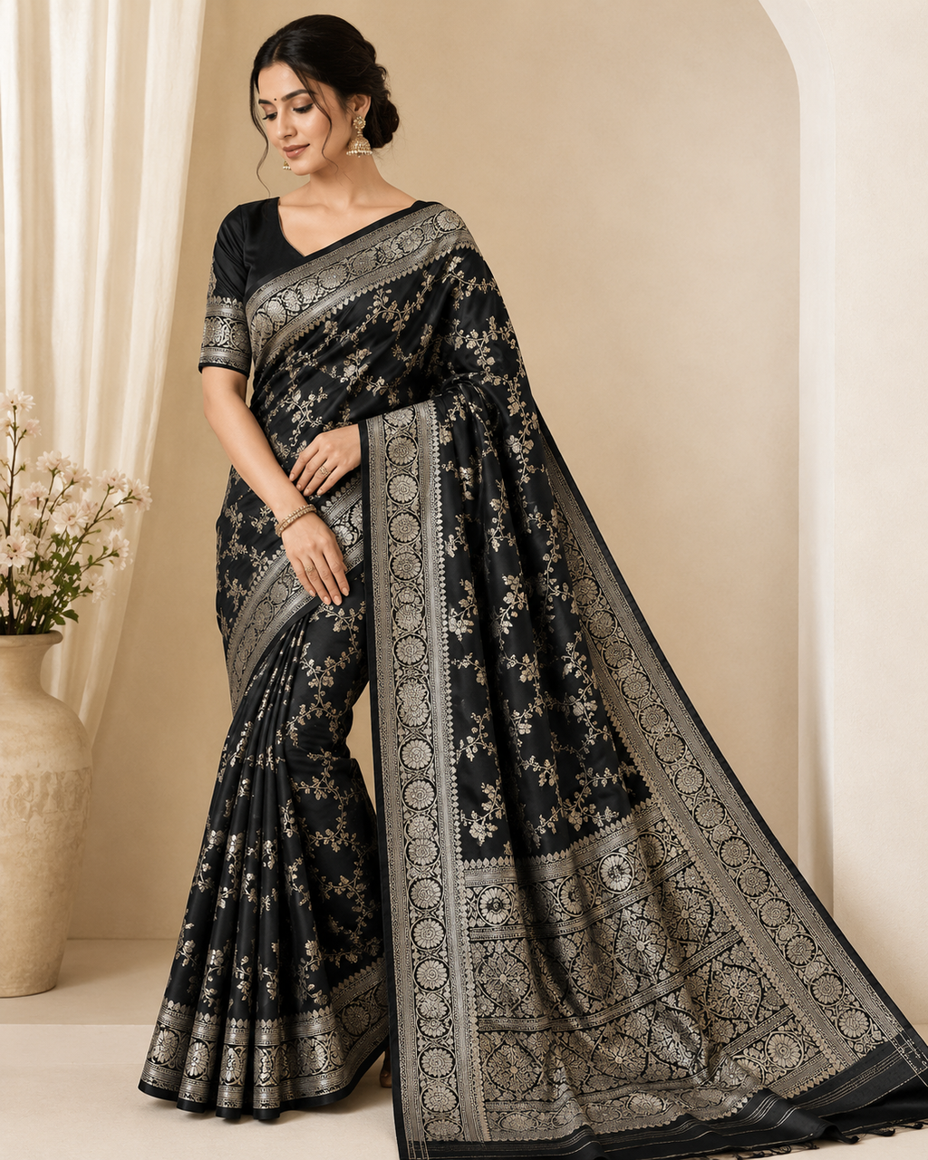 Masoram Silk Saree – Black with Silver Zari Woven Border |