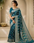 Royal Teal Masorom Silk Saree with Silver Zari Border