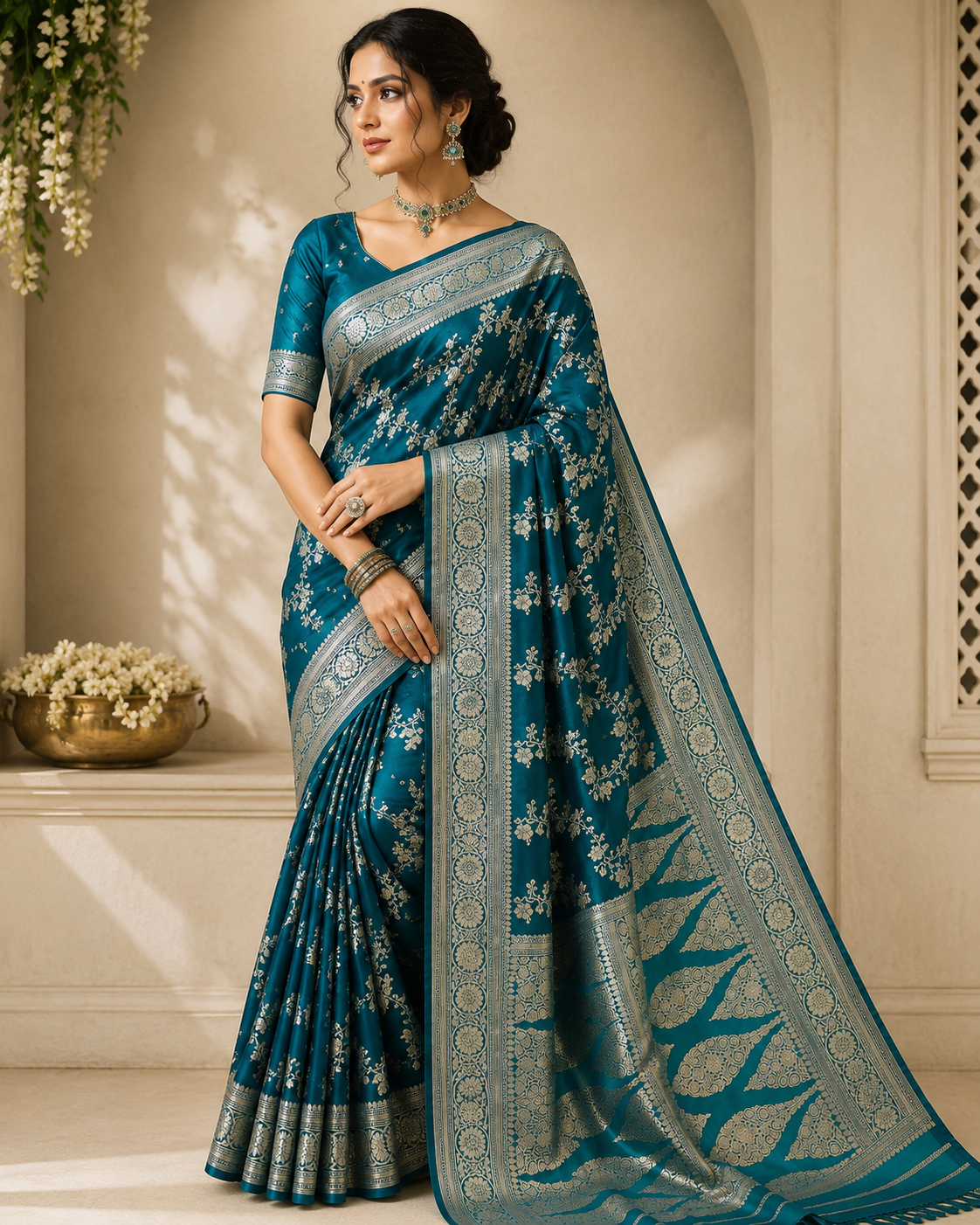 Royal Teal Masorom Silk Saree with Silver Zari Border