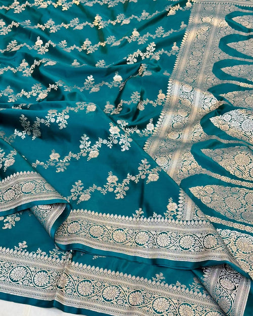 Royal Teal Masorom Silk Saree with Silver Zari Border