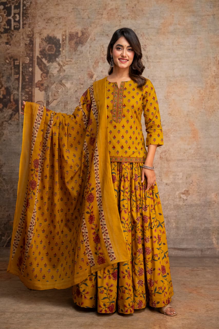 Mustard Floral Printed Kurta Set with Dupatta