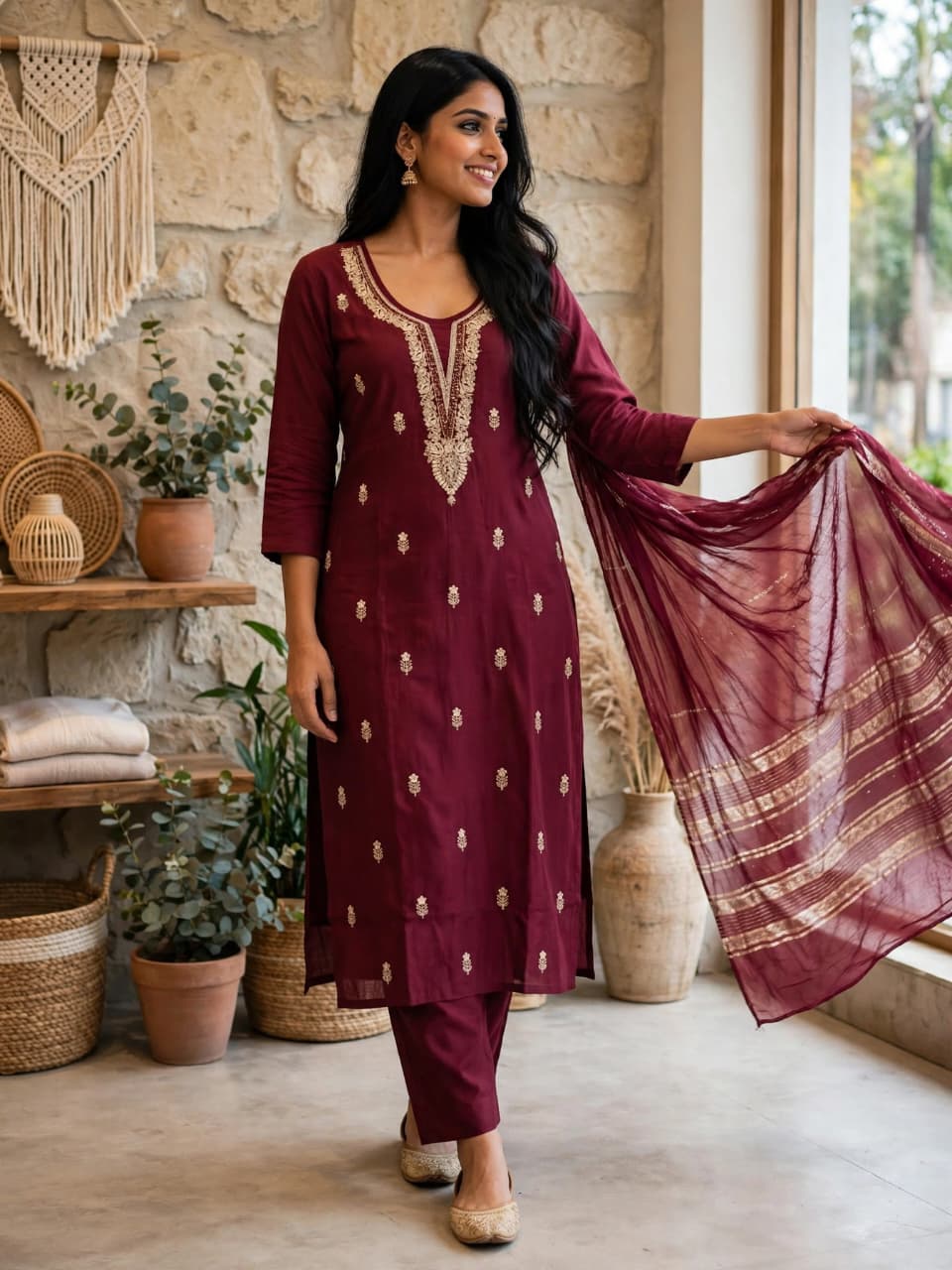 Elegant Maroon Embroidered Kurta Set with Dupatta