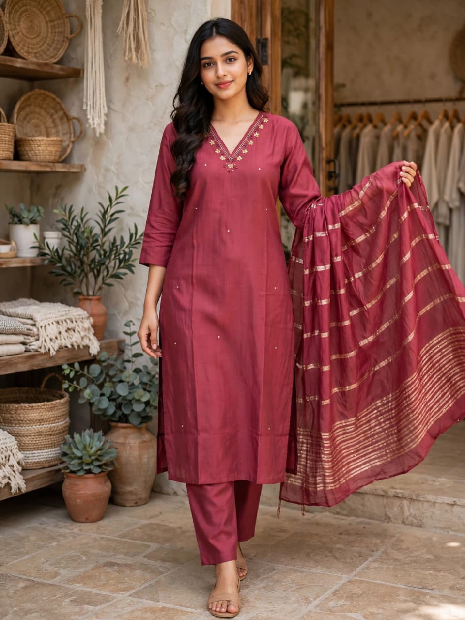 Maroon Embroidered Kurta Set with Dupatta