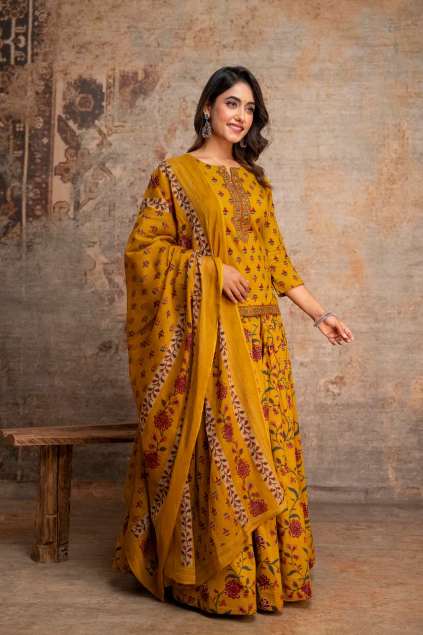 Mustard Floral Printed Kurta Set with Dupatta