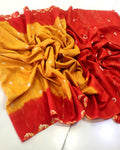 Women's Mustard & Red Bandhani Printed Saree with Golden Zari Stripes