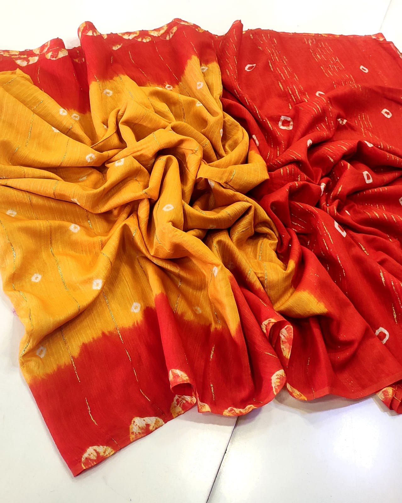 Women's Mustard & Red Bandhani Printed Saree with Golden Zari Stripes